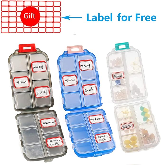 Pill Case (3 Pack) - Portable Small Supplements Tablet Container Box with 10 Compartments - Medicine Capsule Vitamin Fold Flip Organizer Dispenser Holder Storage for Travel Trip Pocket Purse