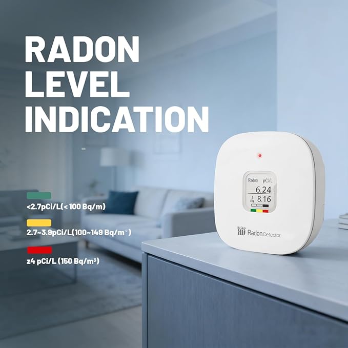 RadonSense Hello Radon S,E-Ink Display Radon Detector for Home,Alpha Spectrometer Sensor&2 Years Battery,Wall Mounted&Free Standing,PCi/L & Bq/m³ Units Switchable