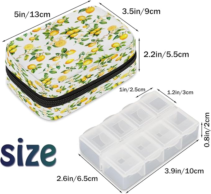 Yellow Fruit Lemon Flower Travel Pill Organizer Box Weekly Portable Pill Case Daily Pills 7 Day Small Birth Control Pills Container Removable Compartments for Medicine Vitamins Fish Oil