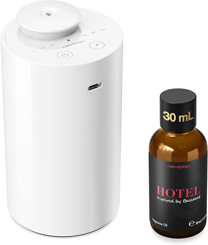Airversa Waterless Essential Oil Diffuser Starter Kit with 30mL Hotel Fragrance Oil Inspired by BaCRT, Battery Operated Car Diffuser, Portable Aroma Nebulizer for Home Car Office, AN6Kit-4, White