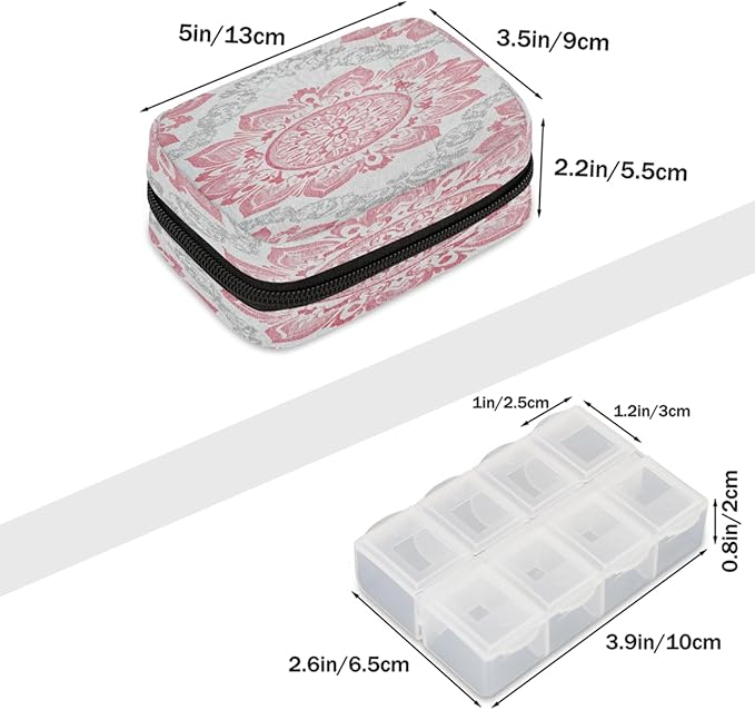 Pink Mandala Art Pill Case Travel Pill Organizer Weekly 7 Day Portable with Zipper Medicine Box Pill Case for Vitamins, Birth Control,Fish Oils,Medication, Supplements