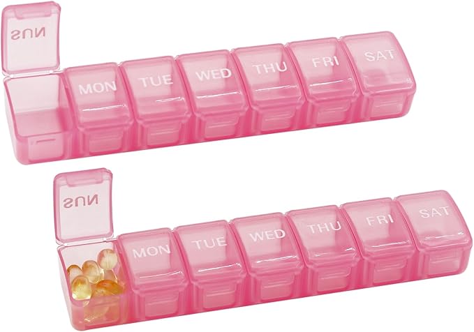 2 Packs Weekly Pill Organizer,Pocket Daily Pill Case Pill Box for Pills/Vitamin/Fish Oil/Supplements (Pink)