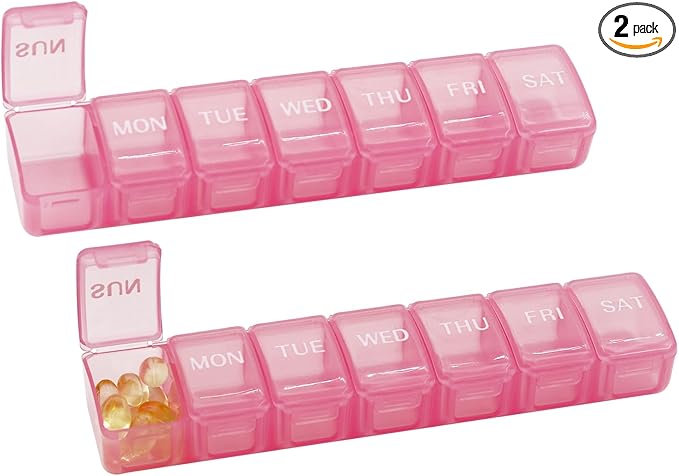 2 PCS Large Weekly Pill Organizer, 7 Day Daily Pill Box Case Easy to Open, Silkscreen Printed Medicine Container with Clear Lid for Vitamins, Fish Oils or Supplements (Pink)