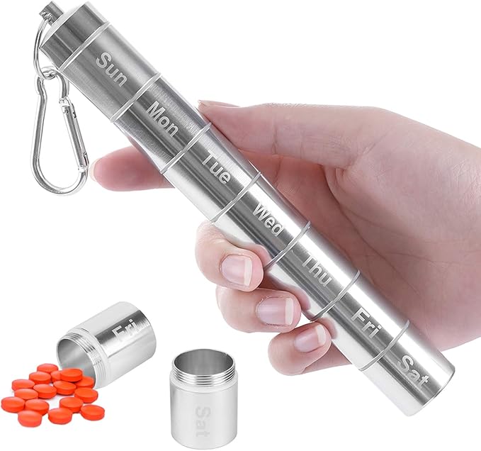 Weekly Pill Case, Portable Pill Box, Giveme5 Aluminum Alloy 7 Days Pill Holder Waterproof 7 Compartments Medicine Organizer Travel Pill Tube Pill Bottle Pill Container w/Keychain and Carabiner (1)