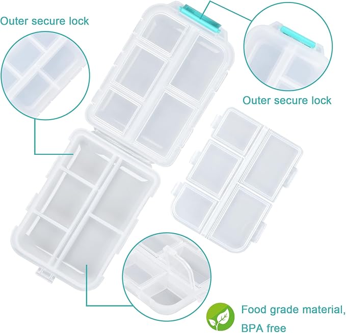 Travel Pill Organizer with Medicine Labels, 10 Compartments Travel Pill Box Medicine Organizer Purse Pill Case Daily Pill Container (White, 189 Lables)