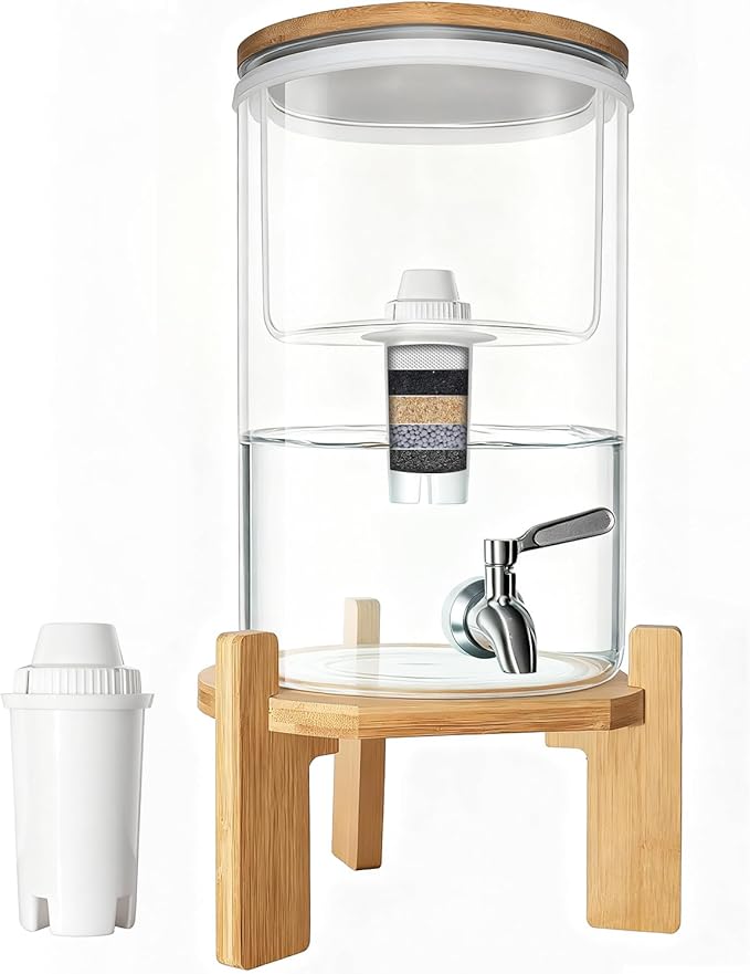 water filter dispenser Countertop water purifier System 2.1 Gallon Glass water filter with Wooden Stand and 1 Filters for Home and Office