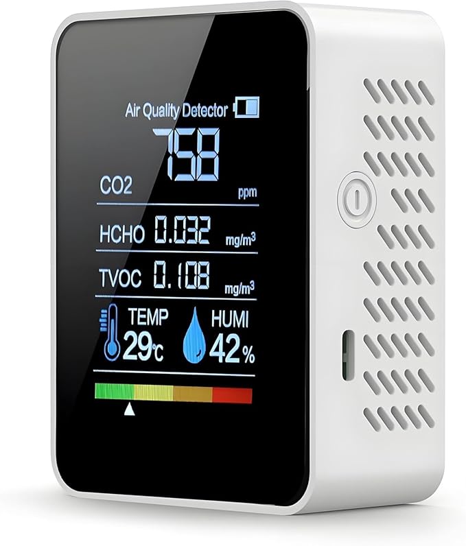 Air Quality Monitor Indoor CO2 Detector 5 in 1 Carbon Dioxide Meter with HCHO TVOC Temperature Humidity Tester for Travel Home Grow Room