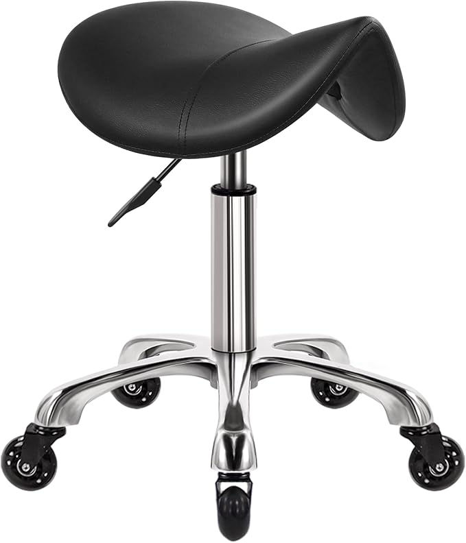 Heavy Duty Saddle Rolling Stool with Wheels Hydraulic Swivel Adjustable Rolling Stool Ergonomic Thick Leather Seat Chair for Kitchen Drafting Lab Office Salon Massage – Black