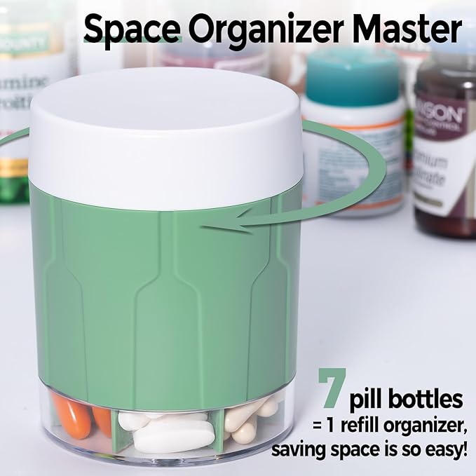 Betife Extra Large Supplement Organizer,Weekly Pill Organizer Bottle, Daily Pill Dispenser with 7 Large Compartments, Organizer to Hold 7 Day Vitamin Medication,21 Labels and a Cleaning Brush（Green）
