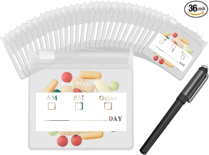 36 Packs Color Pill Pouch Bags 12mil 3 x 2.75 Inch bpa-Free, Frosted Clear EVA Materials, Heavy-Duty Thick Plastic Bags, Seal Zipper for Travel Medicine Organizer, Jewelry, Small Craft Pieces-Clear