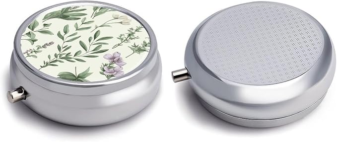 Green Flower Herb Sage Leaves and Branches Pill Box Travel Pill Case for Purse Pocket Weekly Medicine Organizer with Mirror 3 Compartment Round Medicine Case Portable PillcaseHolder for Daily