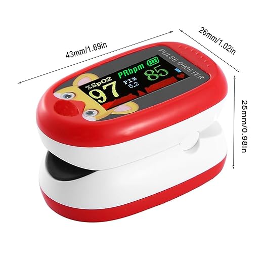 Pulse Oximeter for Kids (Aged 2-12) Rechargeable Children Oxygen and Heart Monitor Fingertip Blood Oxygen Meter Lanyard Portable Digital Oxygen Saturation Monitor (red)