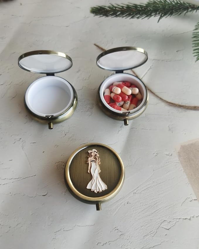 Exquisite Daily Pill Organizer Box - Weekly Vitamin Pill Box Round Metal Pill Box, Small Travel Pill Organizer Box for Purse, Round Compact Travel Medication Case (Beautiful Woman)