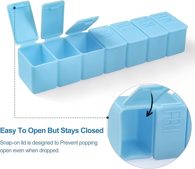Weekly Small Pill Organizer, 7 Day Pill Case, Daily Vitamin Case Medicine Box, Pill Containers for Medicine Supplements Fish Oil(2Pcs,Blue)
