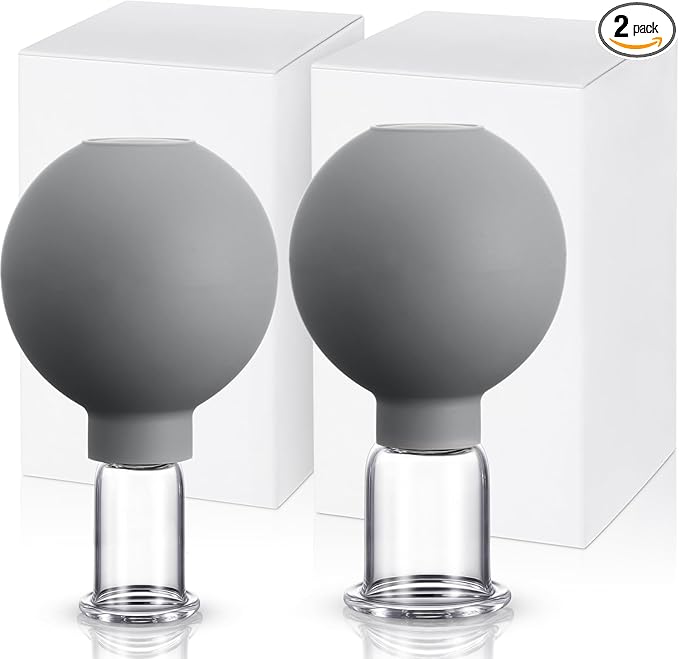 Nuanchu 2 Pieces Glass Cupping Set, Facial Cupping Cups Glass Silicone Cups Vacuum Suction for Face Skin Back Shoulder Muscle(1 Inch and 1.4 Inch Diameter,Grey)