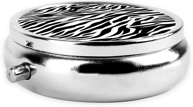Zebra Print Printed Round Travel Pill Box Cute Small Metal Pocket Pill Case for Men & Women 3 Compartment Portable Pill Organizer for Purse or Pocket