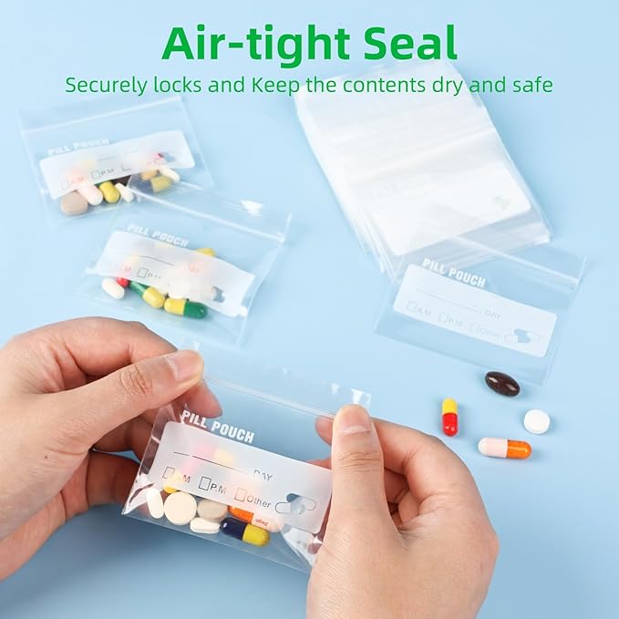 Pill Pouch Bags for Travel (120 Pack), 6 Mil BPA Free Reusable Pill Bags 3 x 2.75 inch for Medicine with Write on Label Clear Ziplock Seal Waterproof AM PM Pill Baggies for Medicine Organizer