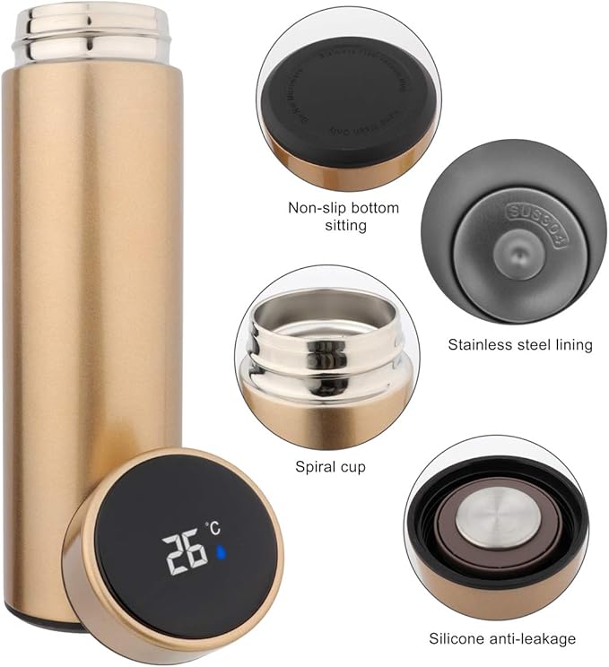 QiCheng&LYS Coffee Cup,Tea Infuser Bottle,Smart Sports Water Bottle with LED Temperature Display,17 OZ Vacuum-Insulated Stainless-Steel Water Bottle (Gold)