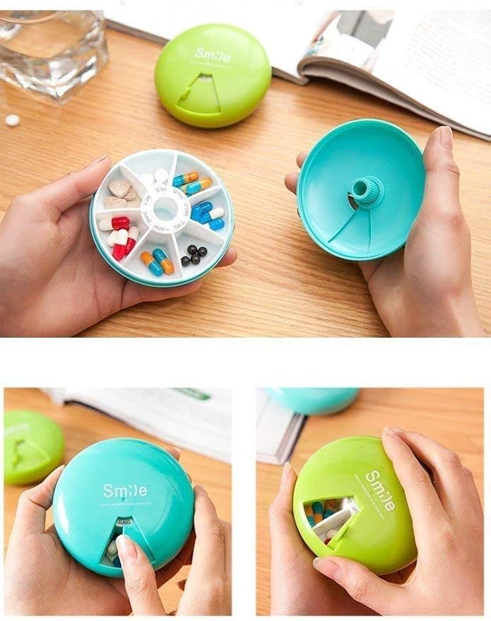 CASSARINA™ Medicine Box Round Smile 7 Slots 360 Rotating Disk Weekly Pill Box Tablet Holder Medicine Case - Multi Color (1)