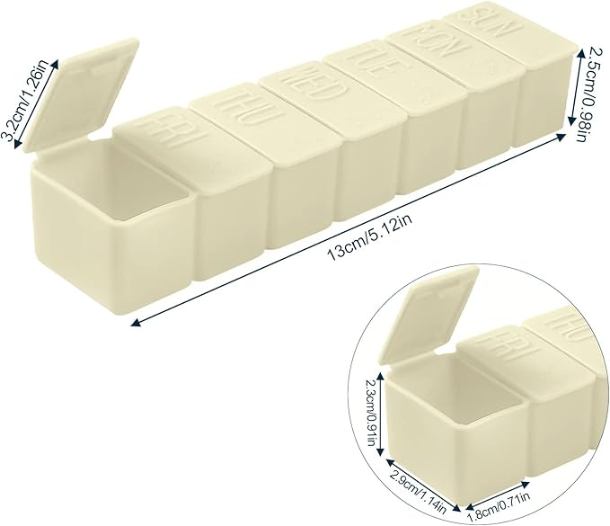 Weekly Small Pill Organizer, 7 Day Pill Case, Daily Vitamin Case Medicine Box, Pill Containers for Medicine Supplements Fish Oil(2Pcs,Beige)