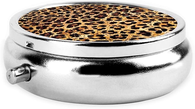 Cheetah Leopard Brown Print Round Metal Pill Box with 3 Compartment for Pocket or Purse Travel Bag Mini Small Size 2 inche