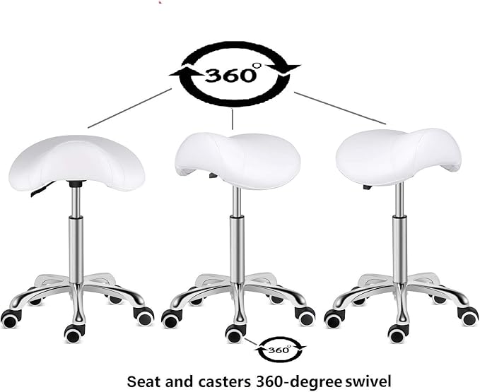 Kaleurrier Saddle Stool Rolling Swivel Height Adjustable with Wheels,Heavy Duty Saddle Chair,Ergonomic Stool Chair for Hair Salon Lab Clinic Dental Massage Home Office Kitchen (White, Without Back)