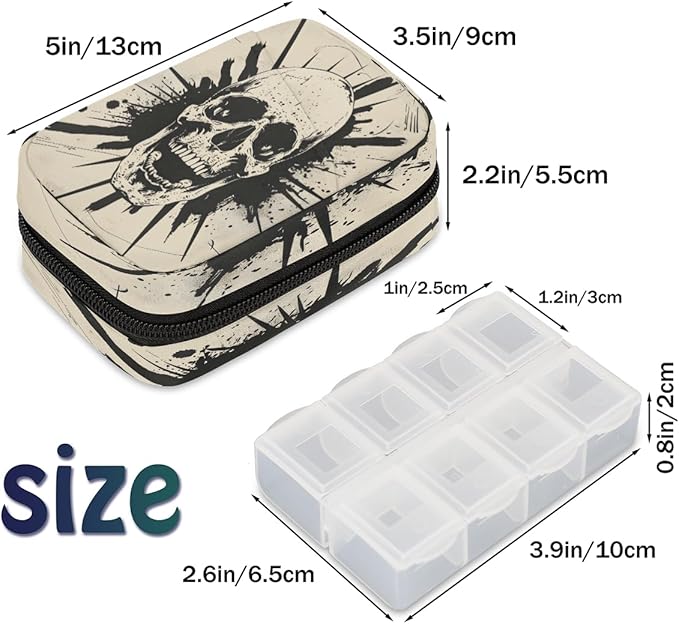 Vintage Gothic Skeleton Travel Pill Organizer Box Weekly Portable Pill Case Daily Pills 7 Day Small Birth Control Pills Container Removable Compartments for Medicine Vitamins Fish Oil