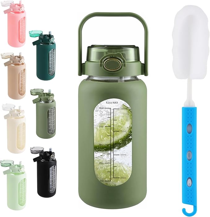 Glass Water Bottle with Straw and Handle Lid Half Gallon Motivational Glass Bottle with Silicone Sleeve and Time Marker Large Reusable Sports Water Jug for Gym Home Workout