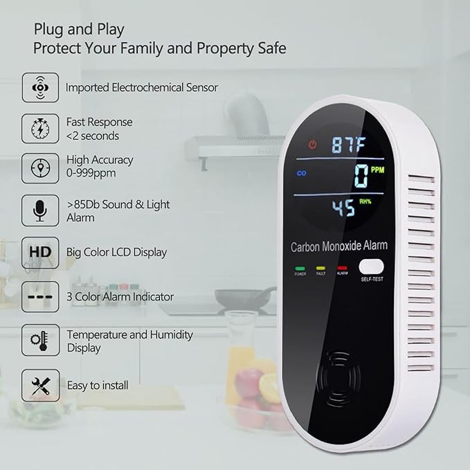 3-in-1 Carbon Monoxide Detector, Carbon Monoxide Detector Plug in Wall with Temperature & Humidity Display, CO Alarm Monitor with Color LCD Display, Accurate & Easy to Install