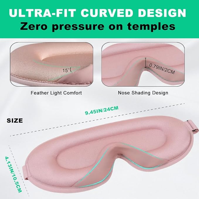 3D Sleep Mask for Side Sleepers, Blackout & Zero Pressure - Breathable Memory Foam, Adjustable Strap - for Travel, Yoga & Meditation Pink