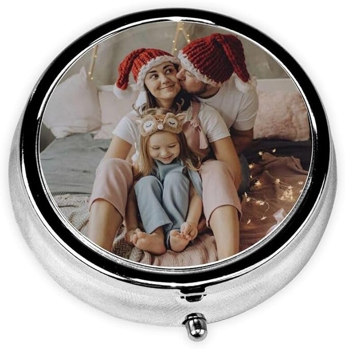 Custom Pill Box with 2 Compartment, Personalized Photo Text Logo Name Travel Small Pill Case, Customized Portable Metal Medicine Container Vitamin Organizer, Round