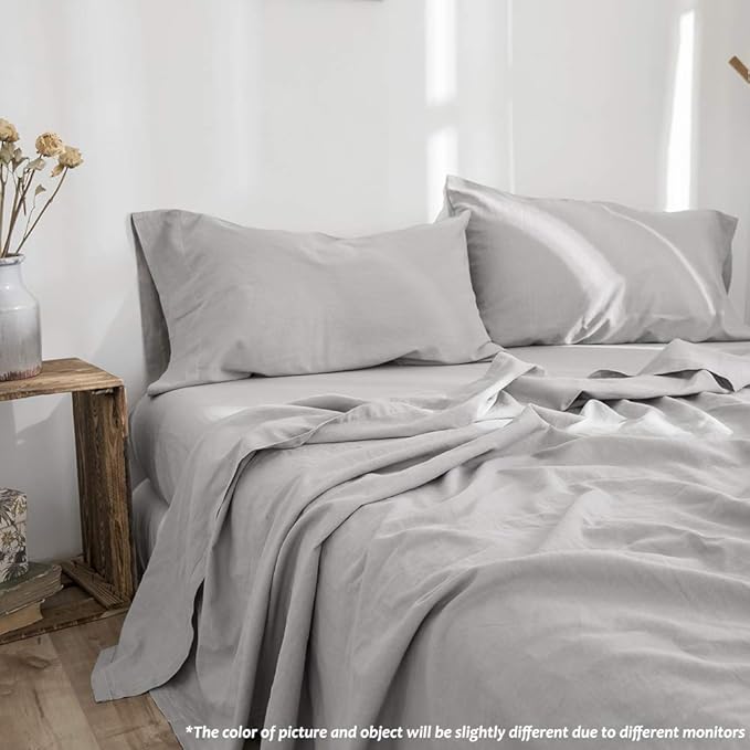 Simple&Opulence Belgian Linen Sheet Set Solid Color - 4 Pieces (1 Flat Sheet, 1 Fitted Sheet & 2 Pillowcases) Natural Flax Cotton Blend Soft Breathable Farmhouse Bedding - King Size, Grey