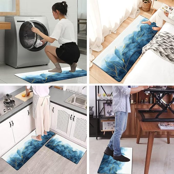 Bulijojo Anti Fatigue Kitchen Floor Mats Set of 2 Waterproof Kitchen Sink Runner Rug Standing Mat Cushioned Kitchen Rugs Comfort Doormat 17"x47"+17"x28" (Navy Blue)