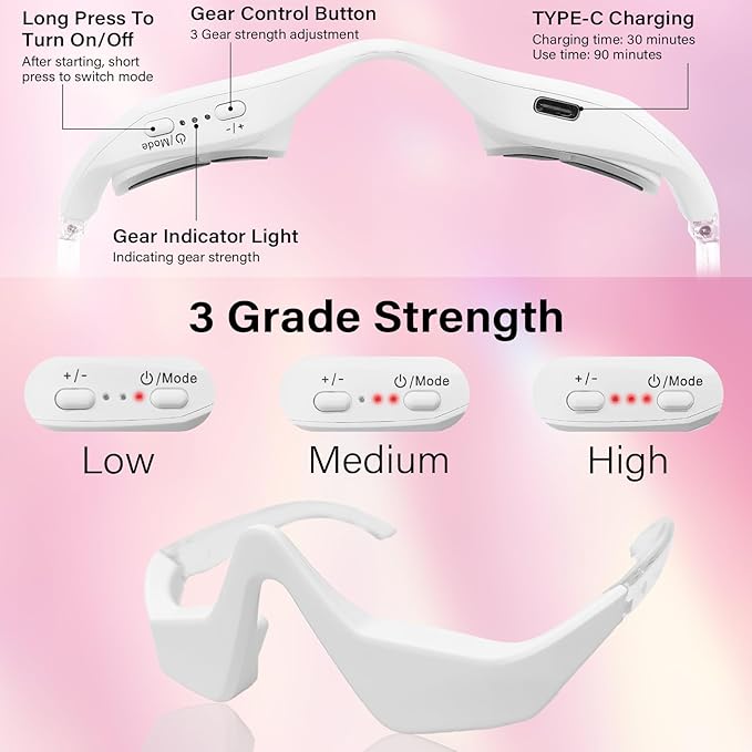 Under-Eye Red Light Therapy Device, 2 Modes Beauty Glasses Device with Eye Massage