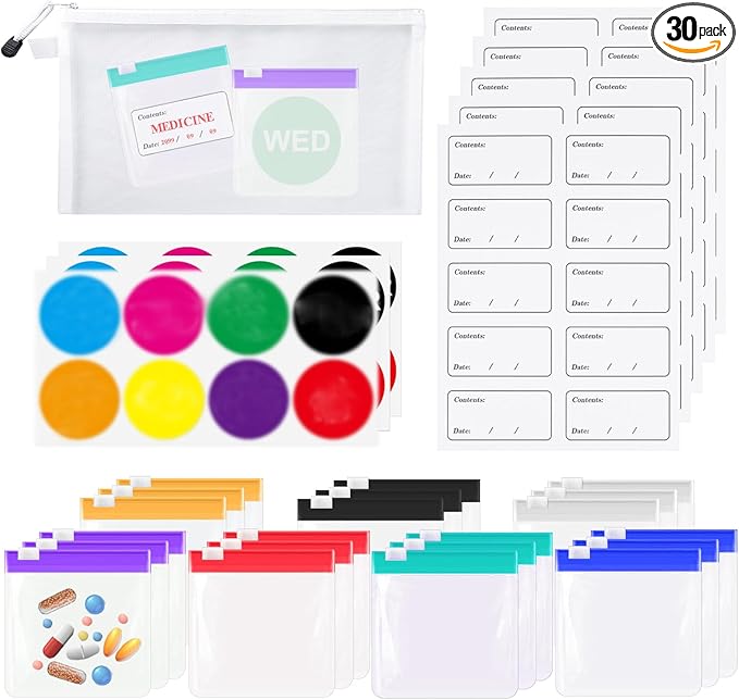 30 pcs Pill Pouch Bags, CNYMANY Zippered Reusable Medicine Bags with Slide Lock Travel Medicine Organizers Pill Baggies, with Weekly Sticker, Write-on Labels, Storage Bag