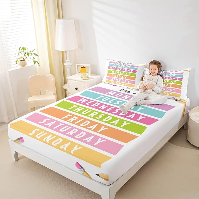 Feelyou Kids Learning Bed Sheet Set Full Size, Days of The Week Fitted Sheet Educational Bedding Set Boys Girls Preschool Teens Bedroom Decor Bed Set 3Pcs (No TOP Sheet)
