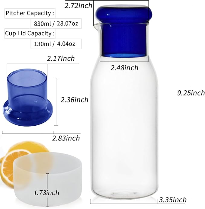 hjn Glass Pitcher with glass cup Water Carafe with Lid, Fridge Water Jug Cold or Hot Beverages, Iced Tea, Milk, Juice 830ml/28oz & clear cup lid (Glass Pitcher-Cricket Blue cup lid)