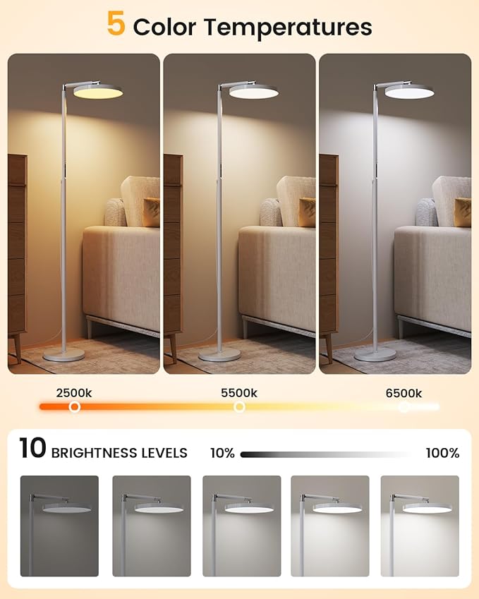 Light Floor Lamp 12000 Lux – UV-Free Full Spectrum LED Floor Lamp with 10 Brightness Levels, 5 Color Modes, 2 Setup Options, Adjustable Height, Remote & Timer for Reading, Bedroom, Office (White)