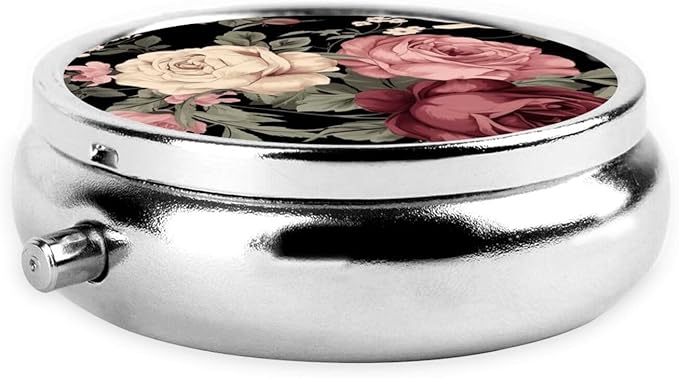 Vintage Pink and Cream Dark Floral Print Round Metal Pill Box with 3 Compartment for Pocket or Purse Travel Bag Mini Small Size 2 inche