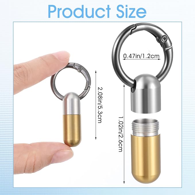 Small Pill Case Keychain Tiny Portable Carabiner Clip Pill Holder Bottle Micro Waterproof Metal Pill Container Mini Emergency Medicine Organizer (Gold and Silver)