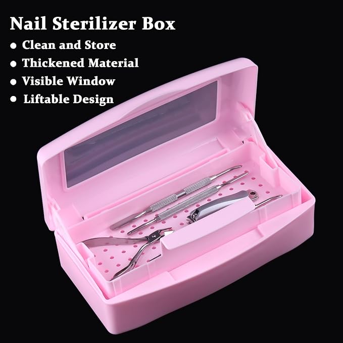Nail Tool Sterilizer Box Plastic Disinfectant Container for Nail Art Accessories Tools, Sterilizer Soaking Box with Strainer Pedicure Manicure Cleaning Equipment, Pink