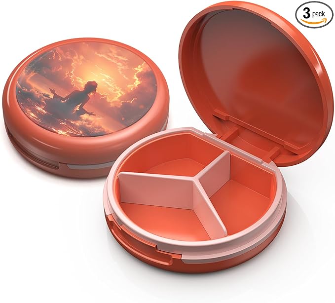 Serfeymi Small Pill Case for Purse, Unique Artistic Patterns Travel Pill Box with 3 Compartments, Portable Mini Pill Organizer for Pocket, Decorative Pill Container for Purse - Orange(Meditate)