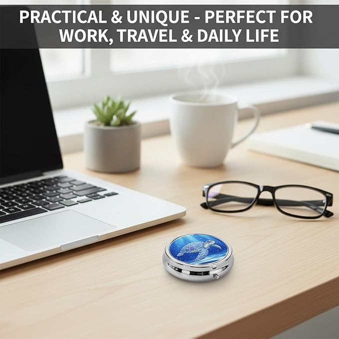 Round Pill Case Small Pill Box with Mirror Pocket 3 Compartment Vitamin Pill Medicine Case Organizer Pill Containers for Traveling Mandala Sea Turtle Two