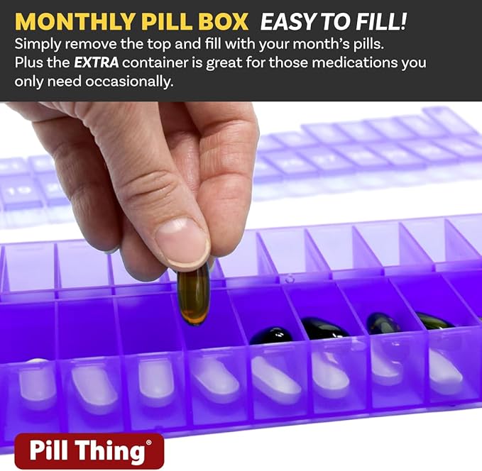 AM/PM 31 Day Once-a Day Monthly Pill Planner Organizers - Large Compartment Pill Boxes Store Medications for Entire Month Plus Compartment for Extra Pills (AM/PM) (Teal & Purple)