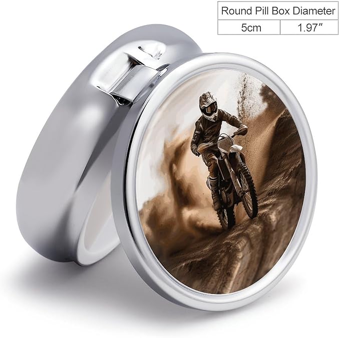 Motocross Pill Box Travel Pill Case for Purse Pocket Weekly Medicine Organizer with Mirror 3 Compartment Round Medicine Case Portable PillcaseHolder for Daily