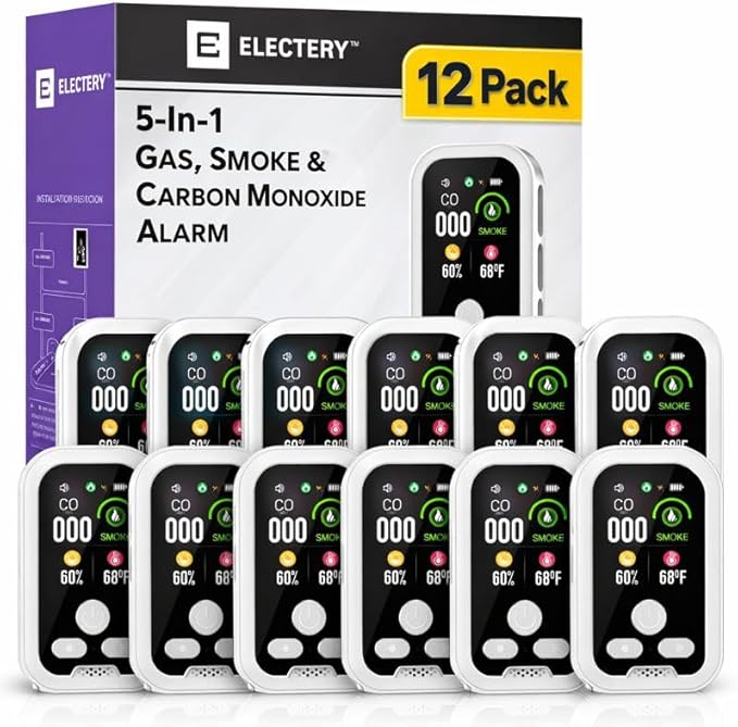 5‑in‑1 Upgraded Natural Gas Leak Detector & Carbon Monoxide Detectors with Smoke Alert Plug‑in with Dual Sensor, LCD Display Alarms, Temperature & Humidity Monitor for Home & RV (12 Pack)