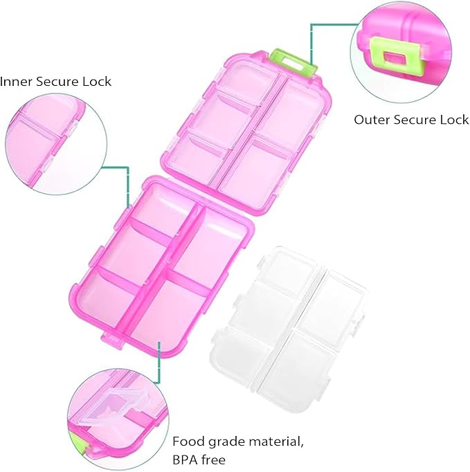 4PCS 7-Day Pill Organizer with Labels – Compact Daily Medication Case | Travel-Sized (3.7" x 2.4") Secure Lock | AM/PM Compartments | Includes 300+ Common Medicines Vitamins Health Product Sticker