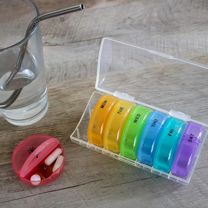 Ezy Dose Weekly (7-Day) Daily Pill Case, Medicine Planner, Vitamin Organizer Container, Travel Friendly, Easy to Use, X-Large Removable Individual Compartments, 2 Times a Day, Rainbow Lids, BPA Free