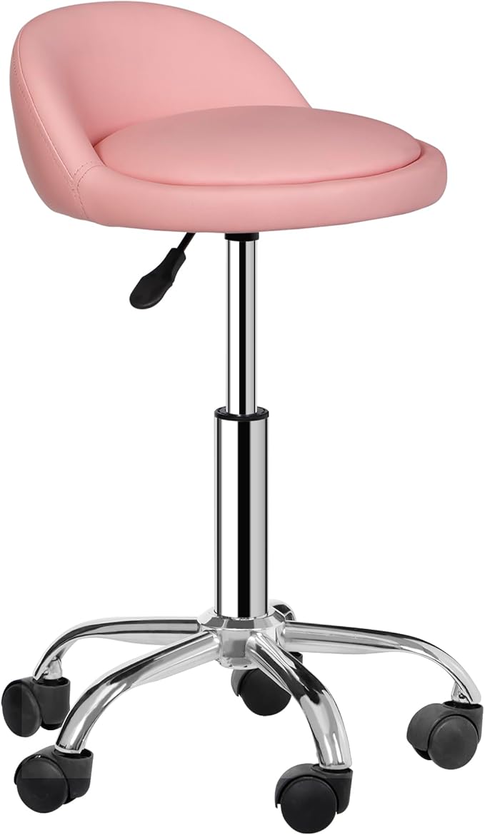 Hydraulic Rolling Stool with Back Support,300LB Capacity Pink Adjustable Height Swivel Chair with PU Leather Seat and Lumbar Support,for Salon Spa Tattoo Massage Clinic Office