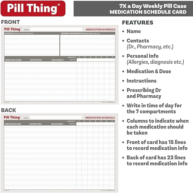 7 Times a Day Weekly Pill Box Organizer Case, Secure 7X Pillbox with Medication Schedule (997-389 Combo)